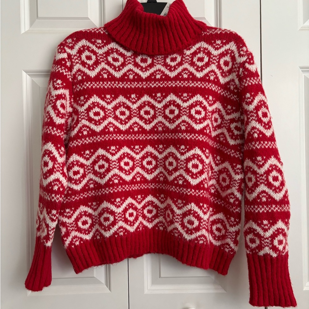 Red and White Fair Isle Turtleneck Sweater 2X